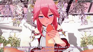 Yae Miko γλείφει σε POV στο Genshin Impact φαντασία promo από Fantasyking3