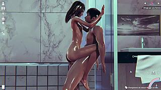 痩せ美女が蒸し暑いシャワーで激しく突かれる