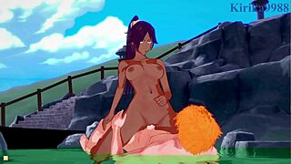 Bleach hentai - Rukia, Orihime, Yoruichi og Ichigo i vill 3P creampie