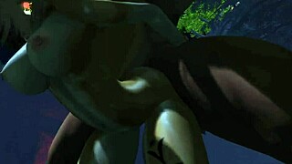 Uroelig natt furry yiff med blond store tetter som rider cowgirl i 3D skog