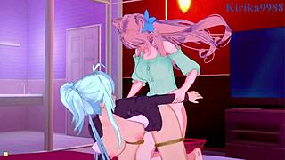 Cagliostro เข้าร่วมกับ Chris Yukine และ Maria Cadenzavna Eve ในเพศสัมพันธ์ futanari เข้มข้นใน hentai Symphogear