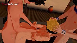 נארוטו יאוי הנטאי 3D - קיבה אינוזוקה דופק את אוזומאקי בזמן שאוזומאקי מצץ את סאסקה אוצ'יהה. קרימפיי בפה ותחת?