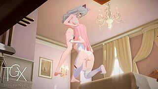 В аниме игровой сессии Зеро Туо занимается футанари хентай юри лесбийским сексом с большими сиськами