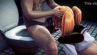 Ger dostáva orálny sex a šúchanie obrovského kurca na verejnej toalete v hentai