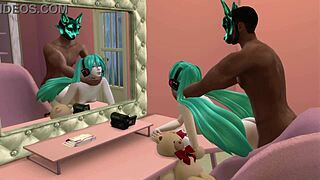 Miku се интензивно јебе од црног типа у 3Д цртаном хентаи сцени, њено тело се љуља са сваким ударцем