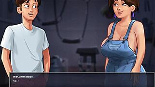 Hey, vil du være med i Summertime Saga? Diane i overalls bliver vild med den kæmpe pik i laden!