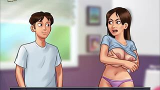 夏季传说96让我好奇，为什么这个大奶金发熟女和棕发18+大屁股动漫妹子玩自制情色游戏？