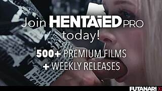 Sød blondine facefucked af trans brunette med massiv futa pik. Tidsfrys fantasi udfolder BDSM ydmygelse i anime bondage.