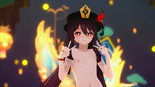 Hu Tao z Genshin Impact začíná tanečkem ghost dance striptease, pak malá 18+ prsa, foukání a creampie sex