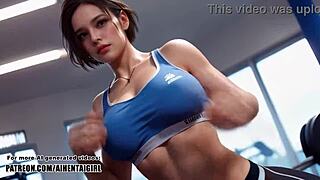 Resident Evil Jill Valentine cosplay kiusaa yläosattomana julkisella salilla dildo ratsastuksella pov