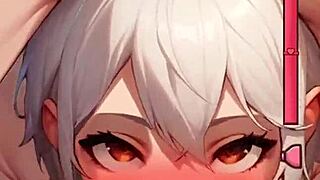 Hentai 游戏展开 白发女孩 POV 口交 然后反向牛仔骑乘 大奶