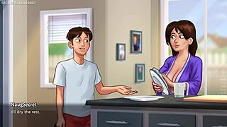 Velikoprsna ukrivljena milf se igra z horny mladim fantom v svojem vrtu za vroč seksi zunanjostni akcijo v Summertime Saga 04 3D porn igri