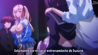 Plavolaska z velikimi cicami masturbira na creampie. Poljubljanje vodi do hentai akcije v sceni