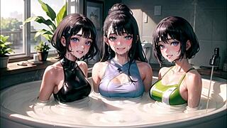 Krásné holky se ponoří do koupelny v spermatu pro roztomilé hentai zážitky