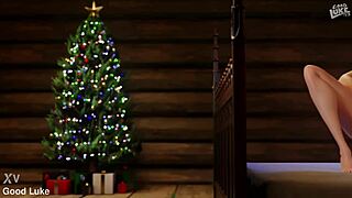 Mokré vánoční oblečení na roztomilé lesbické teenky stříkající s 3D kreslenými prsy v hentai scéně