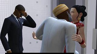 Orgía 3D salvaje con esposa infiel por pollas grandes negras en estilo Sims, jóvenes y viejos.