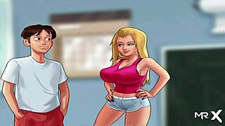 Nauczycielka oferuje swoje duże cycki do dotykania w Summertime Saga Epizod 44