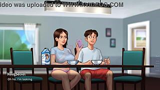 Sleduju, jak se nevlastní sestra Jenny svlékne a hraje si s obrovským zadkem a prsy v Summertime Saga 06