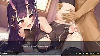 Sladká holka uspokojuje obří koky v anime hentai hře
