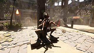 A crowd watches Lara Crofts ass destroyed by giant statue cock in BDSM.