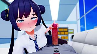 Kisaki delivers intense handjob in 3D cartoon anime scene.