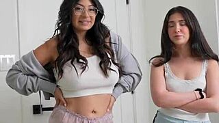Petite step-sis and busty BFF team up