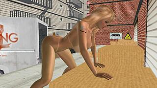 Animated 3d scene shows a stunning big-breasted woman using a carrot for pleasure.