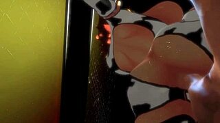 Adult cartoon features a beautiful woman with perfect body and big boobs in a sex cage