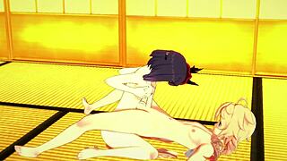 Título descriptivo: Genshin Impact Hentai 3D muestra a Sara dando teta, chupando y siendo follada por Aether con creampie