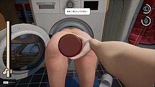 Beautiful anime mom trapped in the washing machine