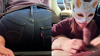 cheating wife gives double blowjobs in car next to husband 😱