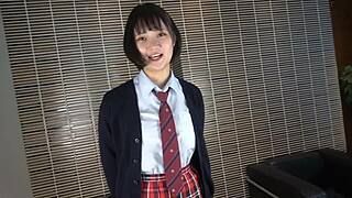 Asian beauty in uniform seduces