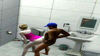 Sporty hot woman of a certain age enjoys doggy style in the deli bathroom