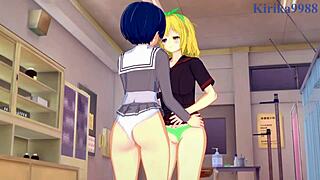 Two girls play with yumi, exciting each other