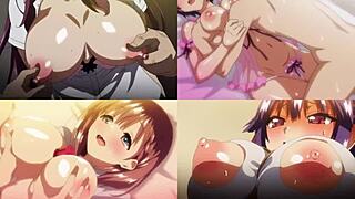 Hentai screen split shows big tits in detailed close-up action scenes