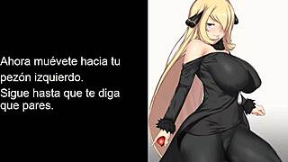 Cynthia delivers femdom joi in spanish with pokemon roleplay, focusing on anal futanari jerk off instructions