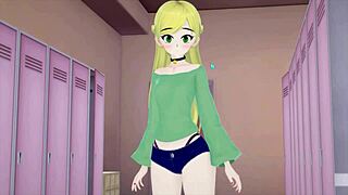 Blonde anime girl rides dick cutely with small tits and big ass in creampie scene.