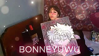 bonneyuwu chats about anime while lounging in cute underwear on her bed with petite tits showing
