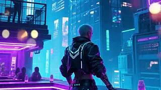 sexy cyberpunk babe poses in futuristic outfit