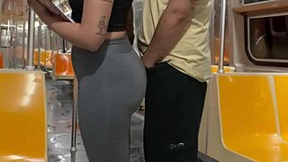 student girl covered in cum on crowded new york subway train.