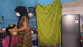 stepmom cooks in the kitchen while masturbating her hairy pussy solo