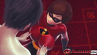 Helen parr from the incredibles achieves orgasm through breast play and cunnilingus, with tight pussy fingering in 3d animation.
