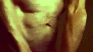 stretching on stool in red briefs close view