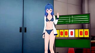 Cute blue haired anime girl enjoys gentle play and creampie in hentai koikatsu