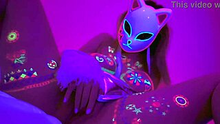 Lilykoti, the neon-glowing masked hottie with massive tits, masturbates wildly with anime moans.