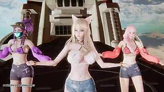Mmd unis - curious Ahri Akali Seraphine perform hot K-pop dance in League of Legends uncensored hentai