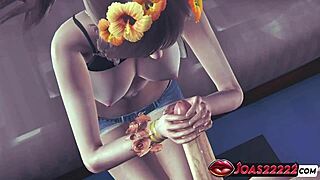 Mizushima Marika deepthroats cock in denim shorts for massive cumshot!