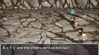 Big-breasted adventurer explores caves with harem.