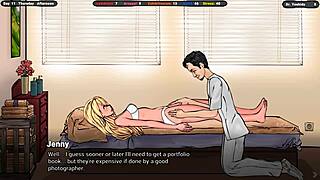 an excited masseur caresses the breasts of an innocent girl in hentai game