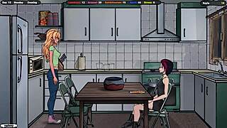 The landlord peeks under Jenny's skirt while she cleans the fridge.